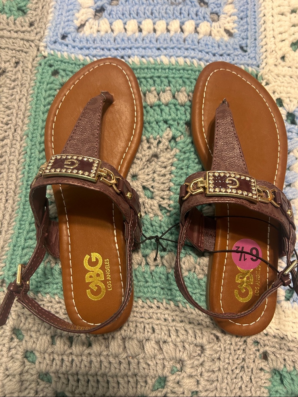 G by Guess Brown T-Strap Sandals with Gold Accents